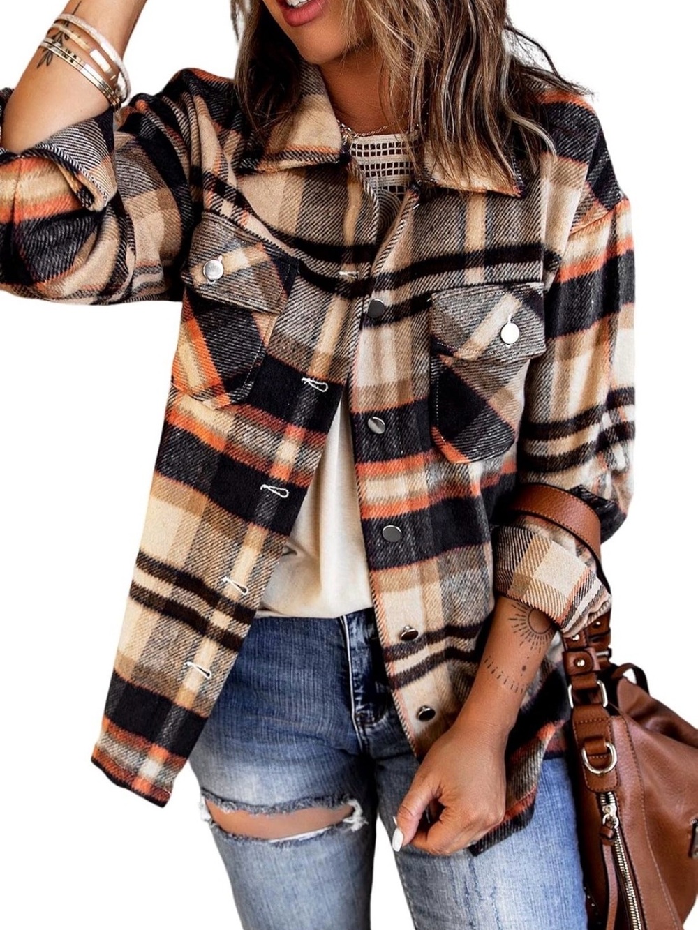 Amazon Plaid Utility Shacket Jacket in Black, Cream & Tan with Orange Accents
